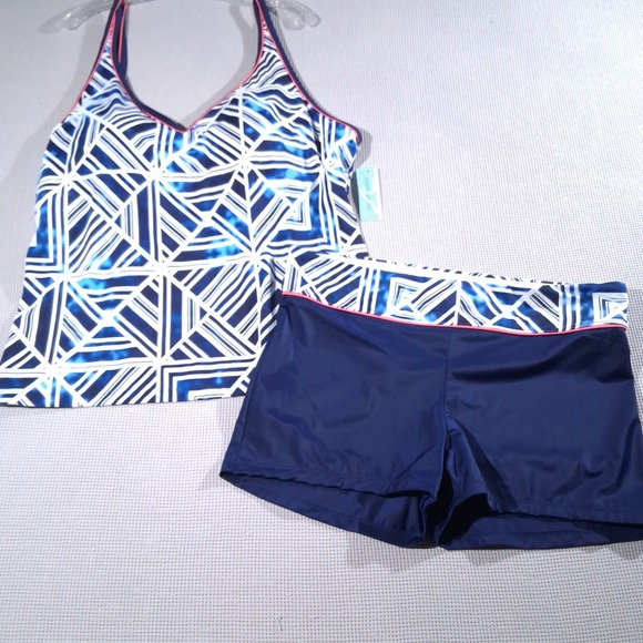 South Point Other - South Point Plus Geometric Tankini Set Blue White Pink 22W Top 16W Shorts NWT
